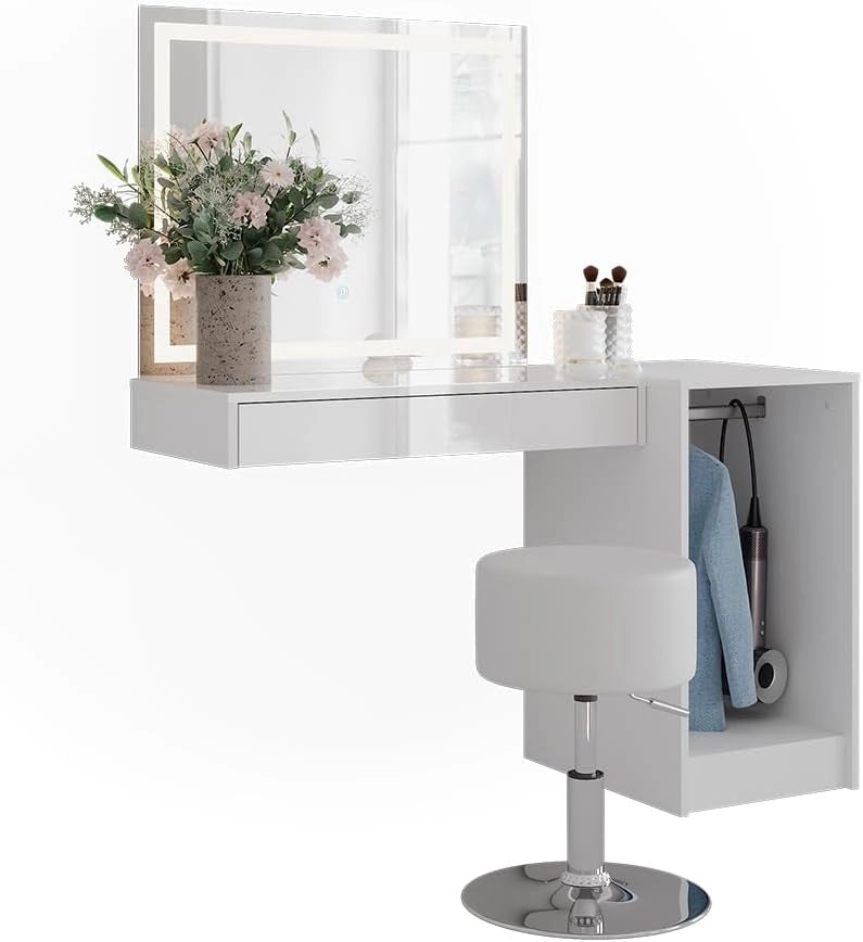 Tavolo da toeletta Sherry, Bianco/bianco lucido, 120 cm 4 parti, con illuminazione LED e specchio integrato