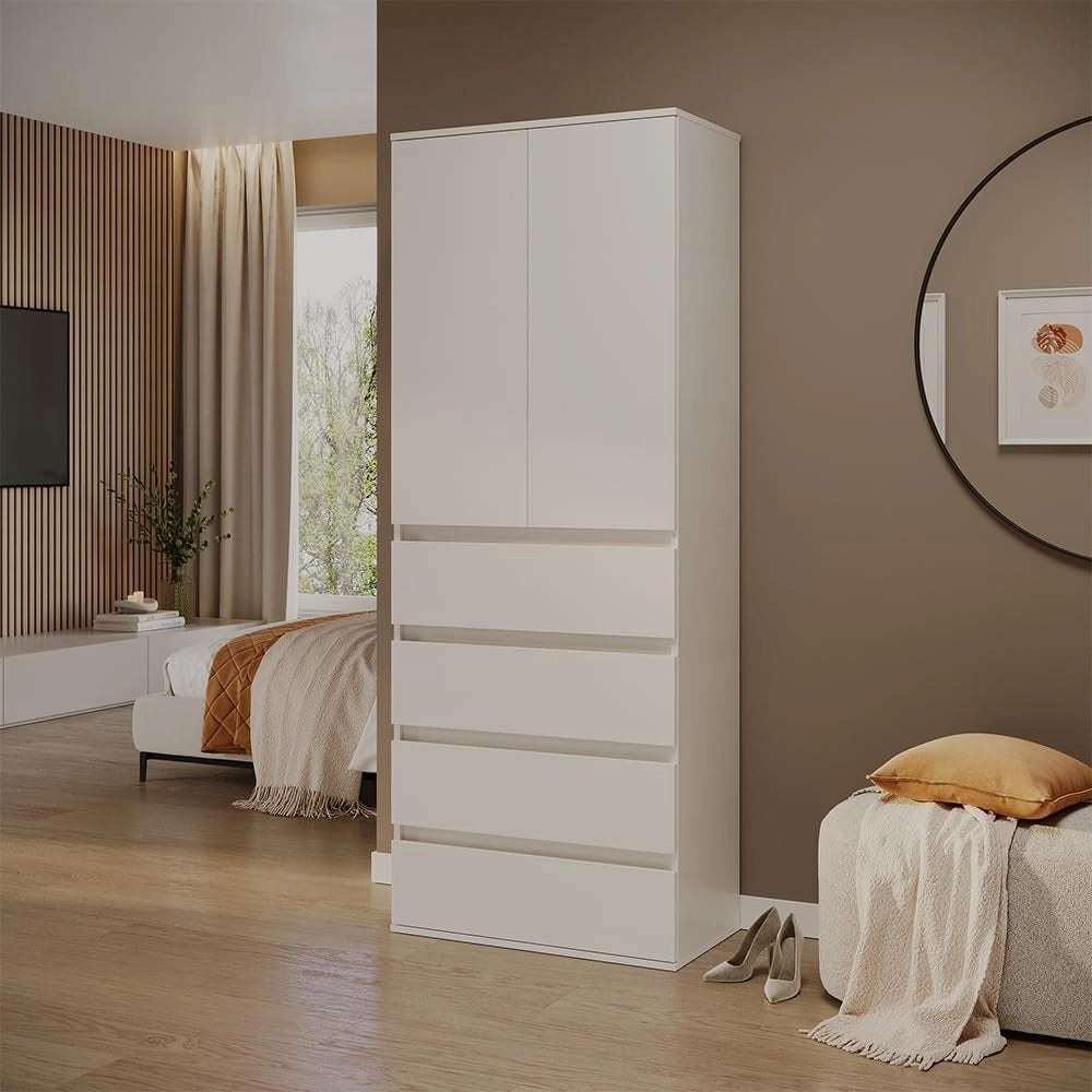 Armadio Claus, Bianco, 74 x 191.5 cm con 4 cassetti, per la conservazione di abbigliamento e tessili