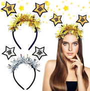 Cintura per capelli 2 pezzi - copricapo per festa di capodanno 2025 con piume e stelle decorato con strass argentati - copricapo da party di capodanno lampeggiante