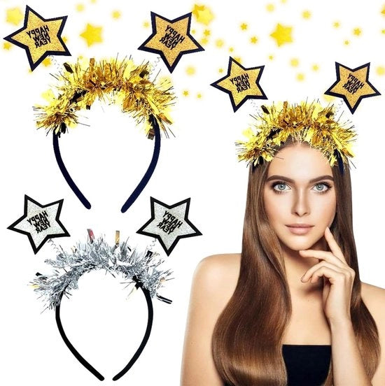 Cintura per capelli 2 pezzi - copricapo per festa di capodanno 2025 con piume e stelle decorato con strass argentati - copricapo da party di capodanno lampeggiante