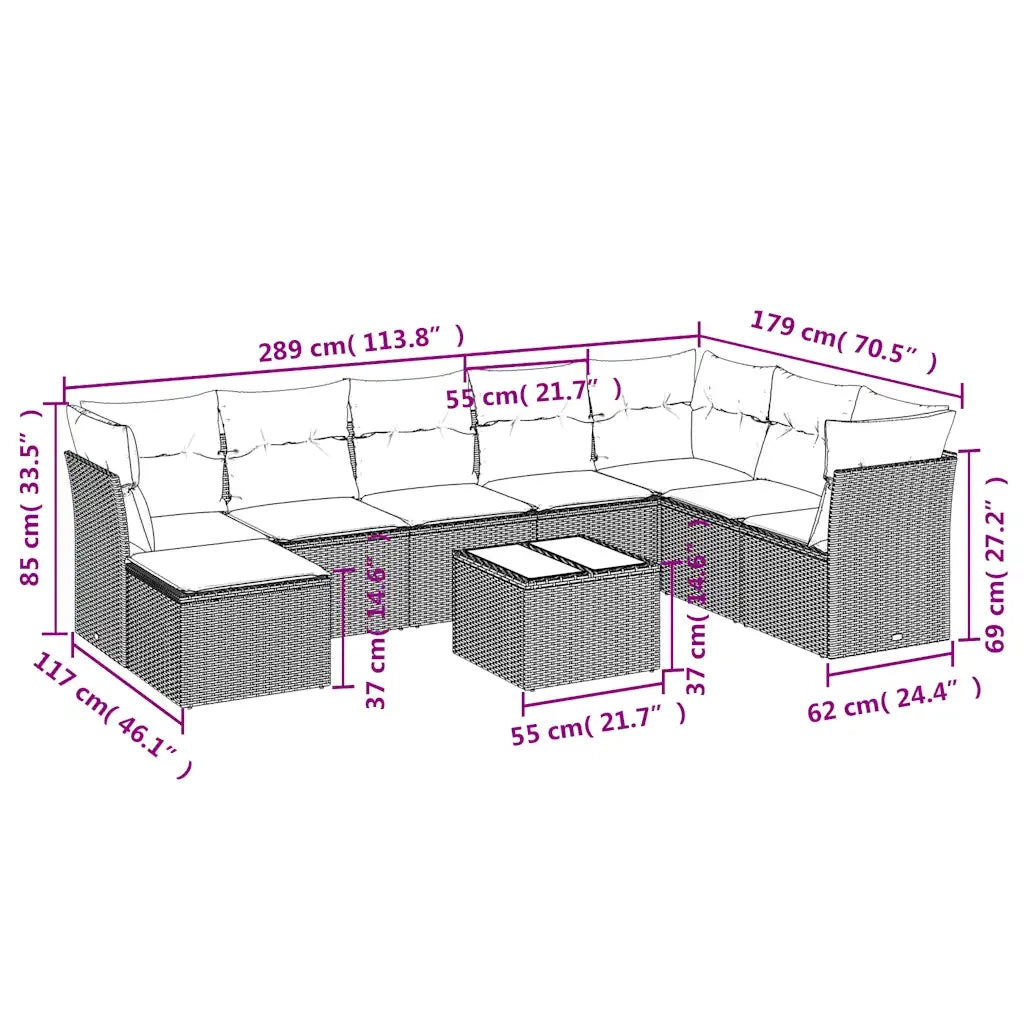 Set Divani da Giardino 9pz con Cuscini Marrone in Polyrattan