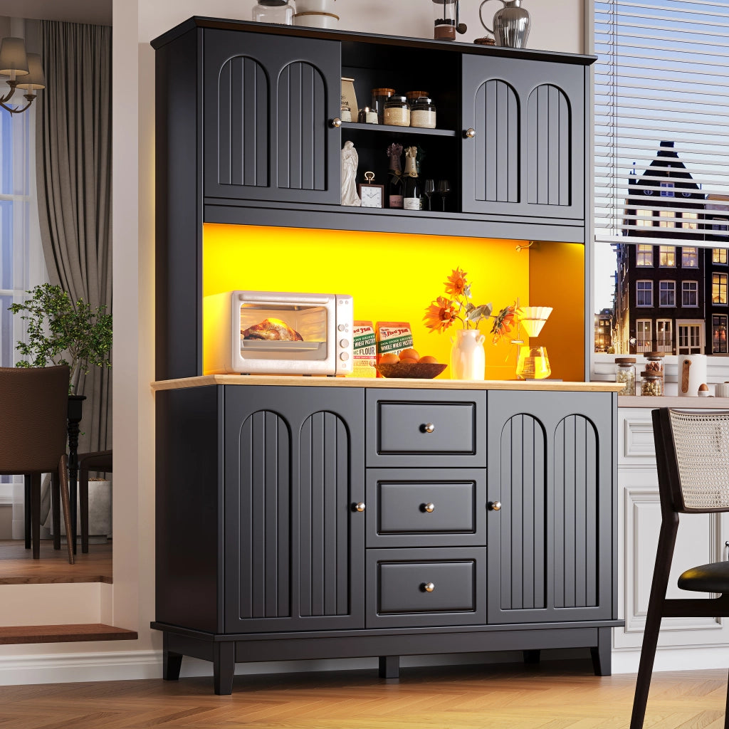 OKWISH Credenza Alta da Cucina con 4 Ante e 3 Cassetti, Ripiani Regolabili, Luce LED e Porta di Ricarica, MDF, 120 x 40 x 180 cm