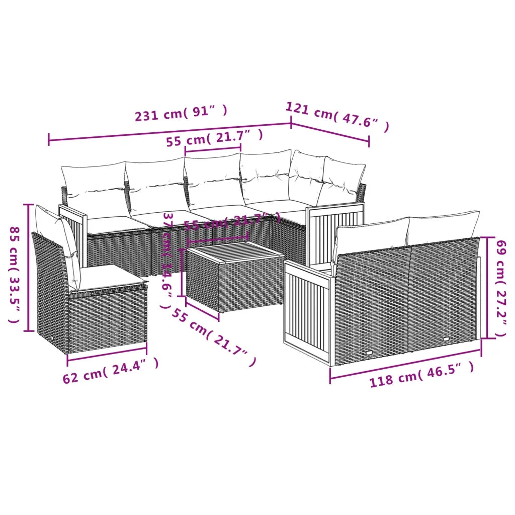 Set Divani da Giardino 9 pz con Cuscini Nero in Polyrattan 3260250