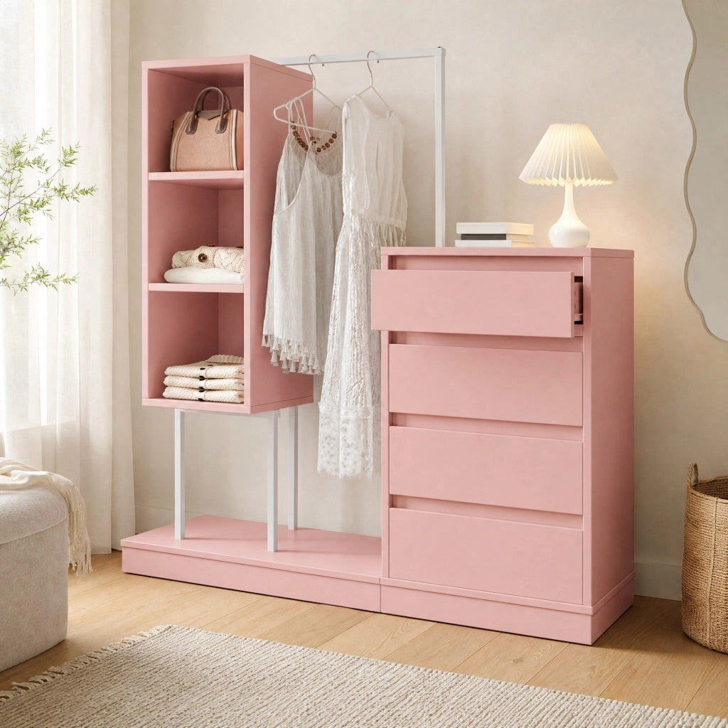 ARMADIO con barra appendiabiti, 4 cassetti e 3 ripiani aperti 100x40x135 cm Rosa/Bianco