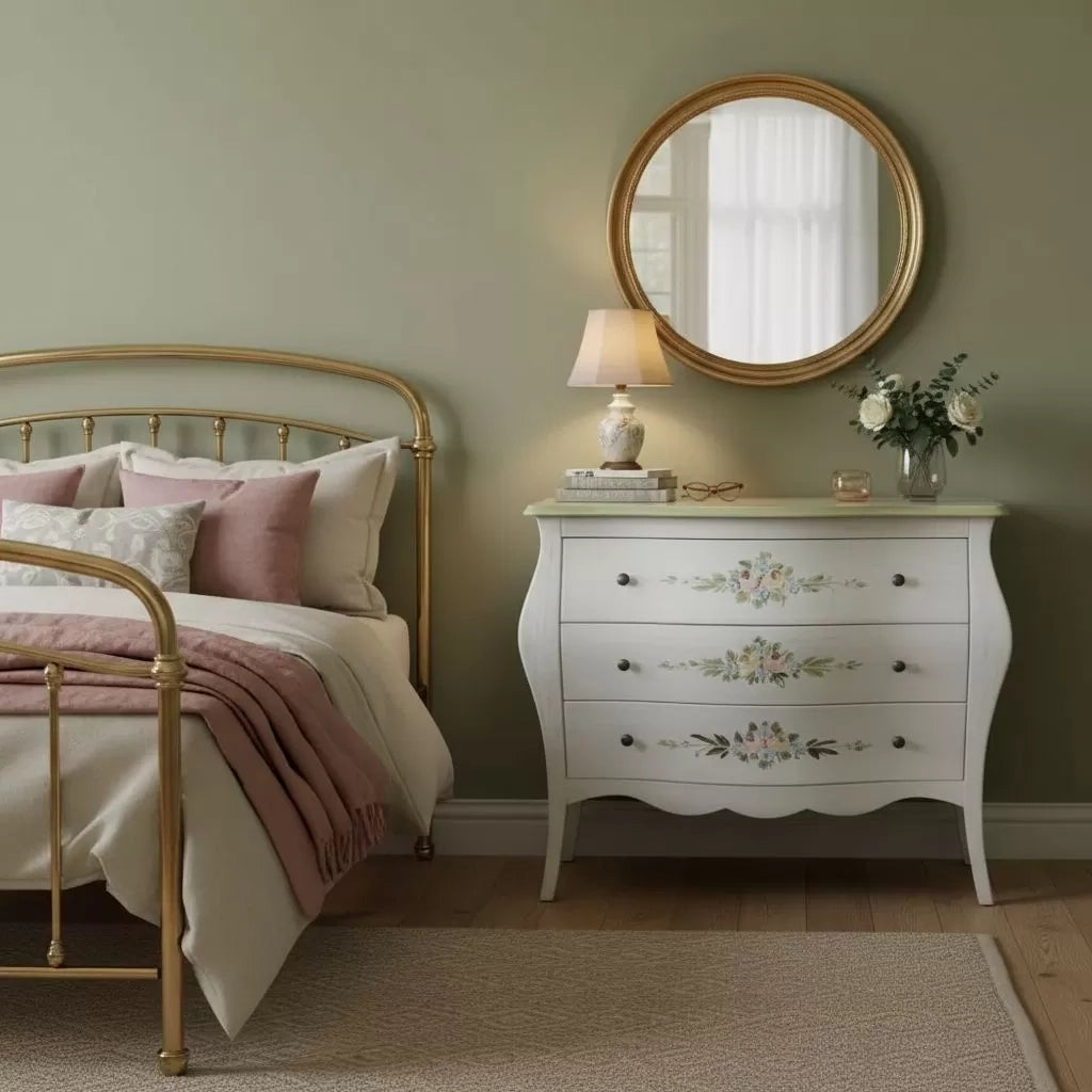 Cassettiera 3 cassetti legno shabby bianco anticato decori filo verde 118x50x85 - Mobili 2G