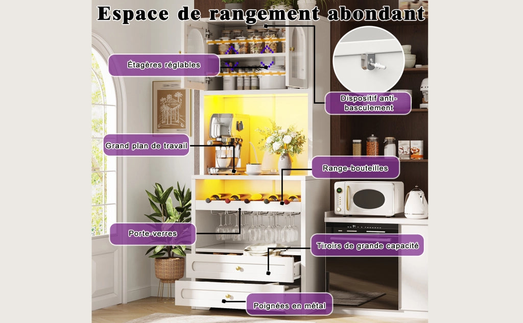 Credenza alta con ante in vetro curve, LED e ripiani regolabili, per cucina e soggiorno, bianco, 70 × 40 × 180 cm