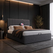 Letto matrimoniale 140x200 cm con contenitore; LED con controllo App; USB e Type C; grigio
