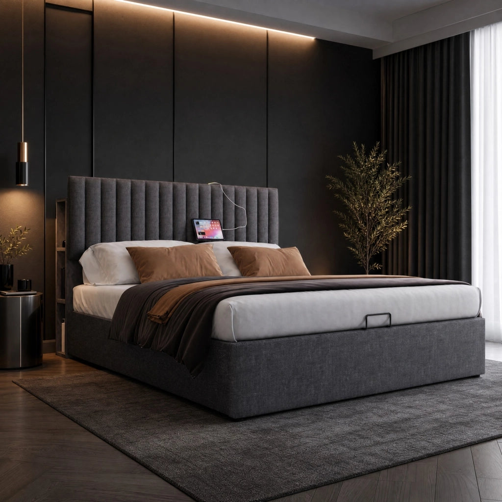 Letto matrimoniale 140x200 cm con contenitore; LED con controllo App; USB e Type C; grigio