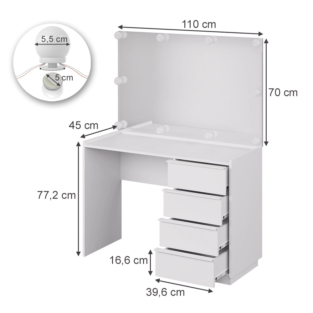 Vicco Tavolo da toeletta Bianco 110 cm con specchio e illuminazione a LED