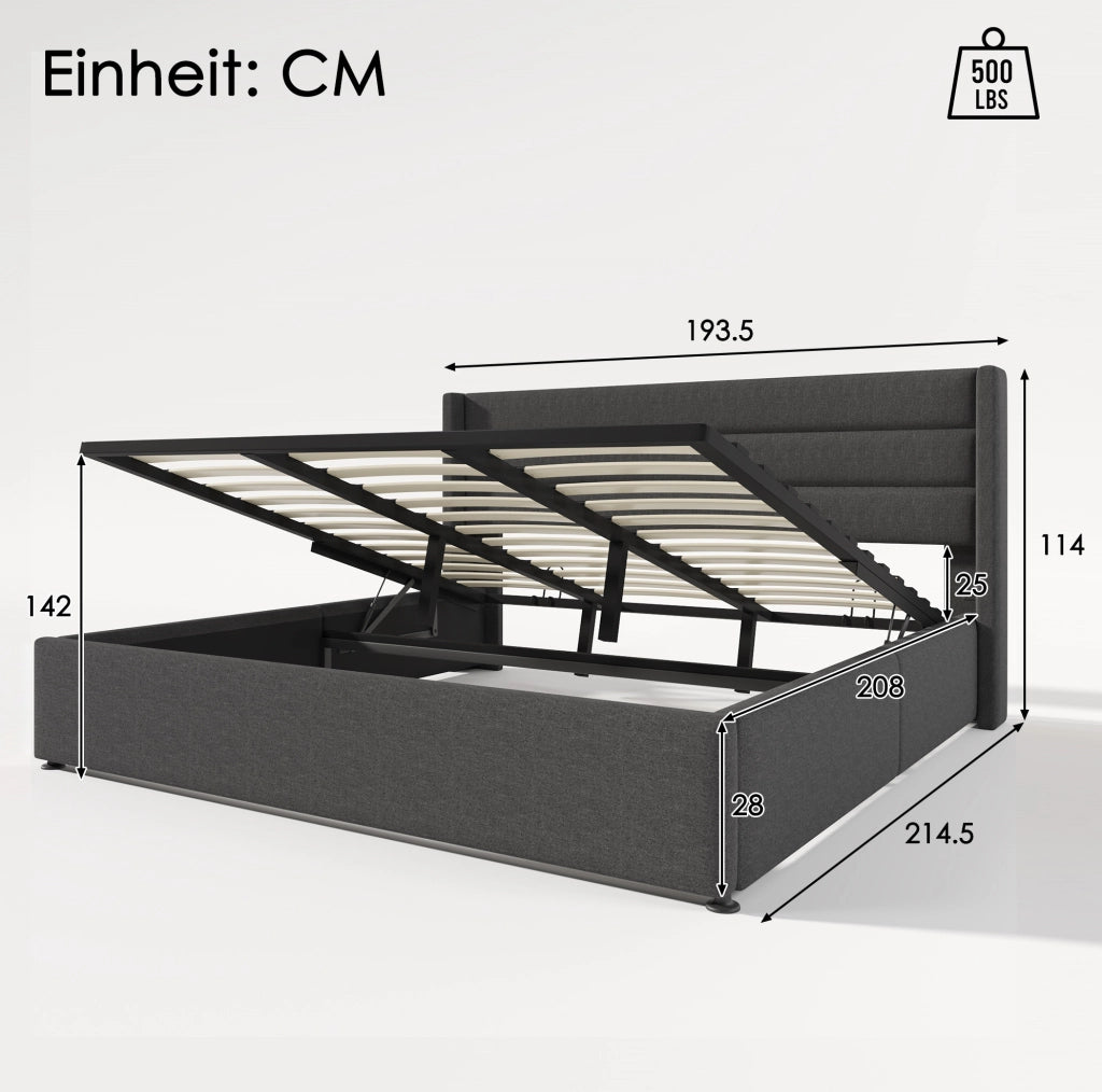 Letto imbottito 214.5x193.5x114 cm con contenitore e rete sollevabile in lino grigio