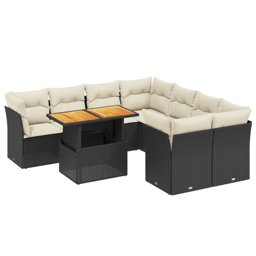 Set Divani da Giardino 9 pz con Cuscini Nero in Polyrattan