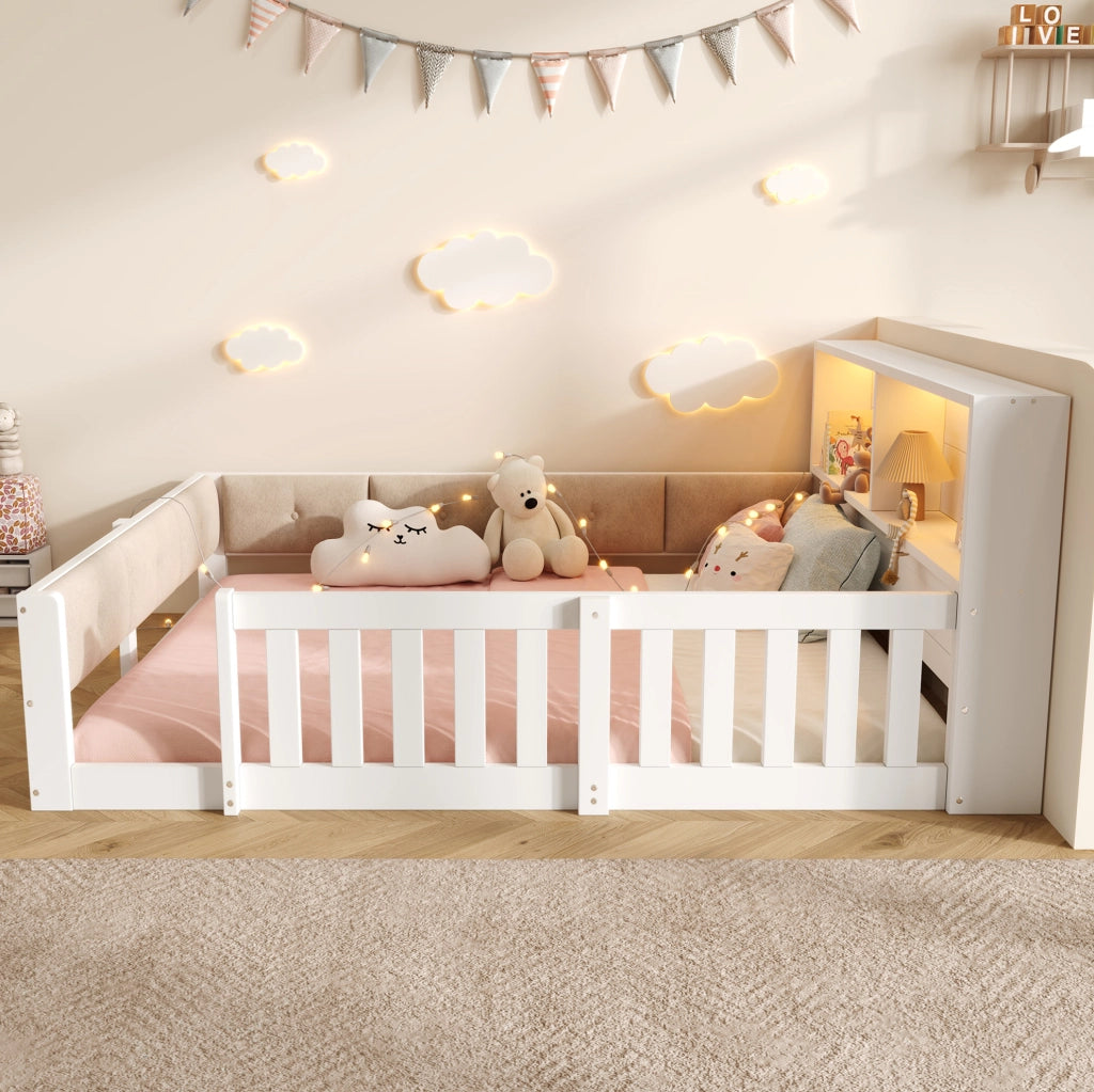 Letto per bambini 140x200 cm con sponde; LED e testiera con contenitore; bianco
