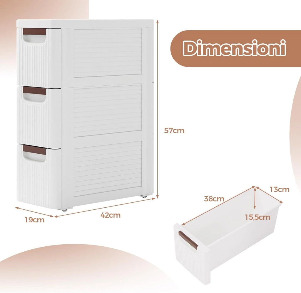 Mobile Bagno con 4 Cassetti, Mobiletto Bagno Salvaspazio con Ruote, Cassettiera in PP per Soggiorno, Bagno e Cucina, 42 x 19 x 74 cm