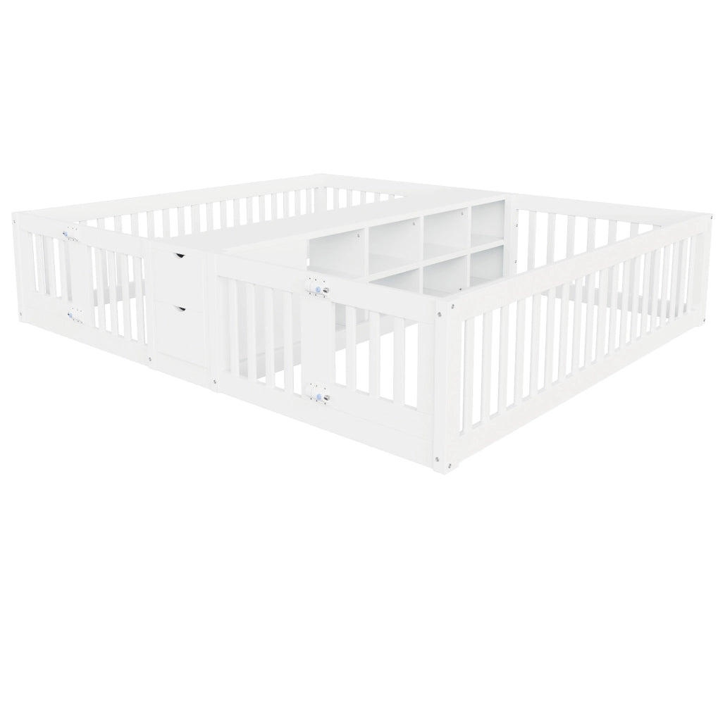 Letto doppio 90x200 cm bianco in legno con cassetti e scaffale centrale