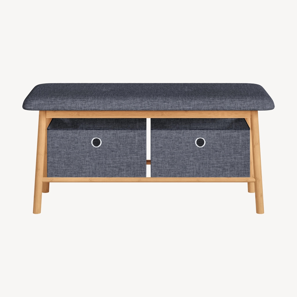 Panca da Scarpe Vad con Seduta Imbottita e 2 Contenitori in Tessuto 90 x 30 x 45 cm - Bambù Naturale / Grigio