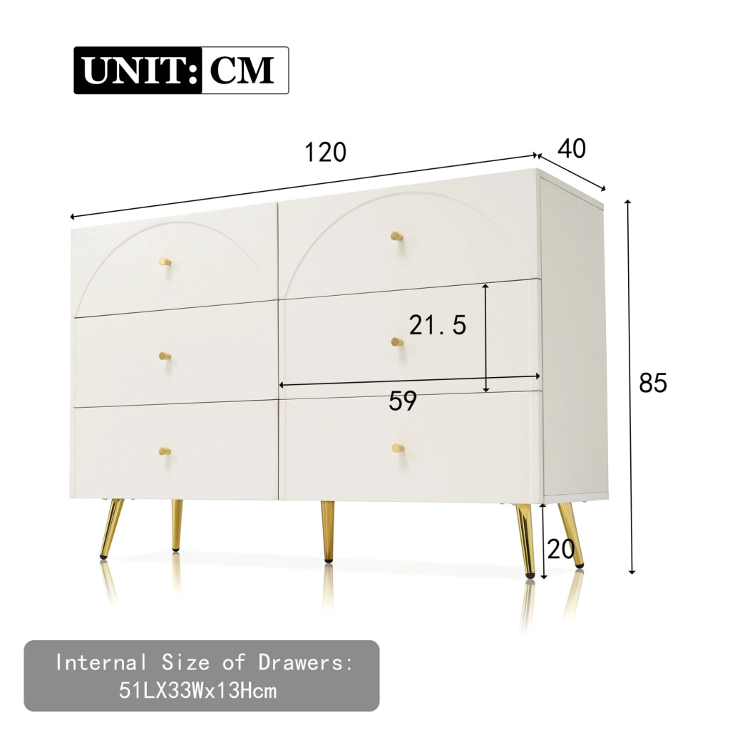Cassettiera con 6 cassetti frontali curvi 120x40x85 cm; in truciolare e metallo; crema bianco