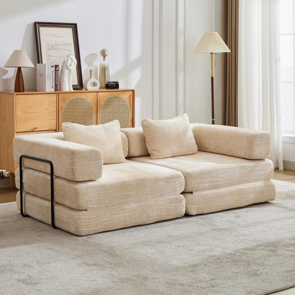 Divano compatto, divano letto pieghevole, moduli senza struttura, tessuto chenille, beige