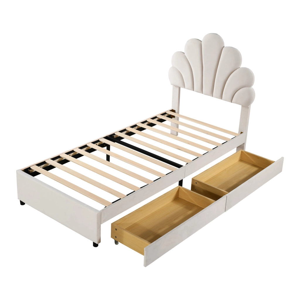 Letto per Bambini 90×200 cm con 2 Cassetti e Testiera Floreale; senza Materasso; Beige; Velluto