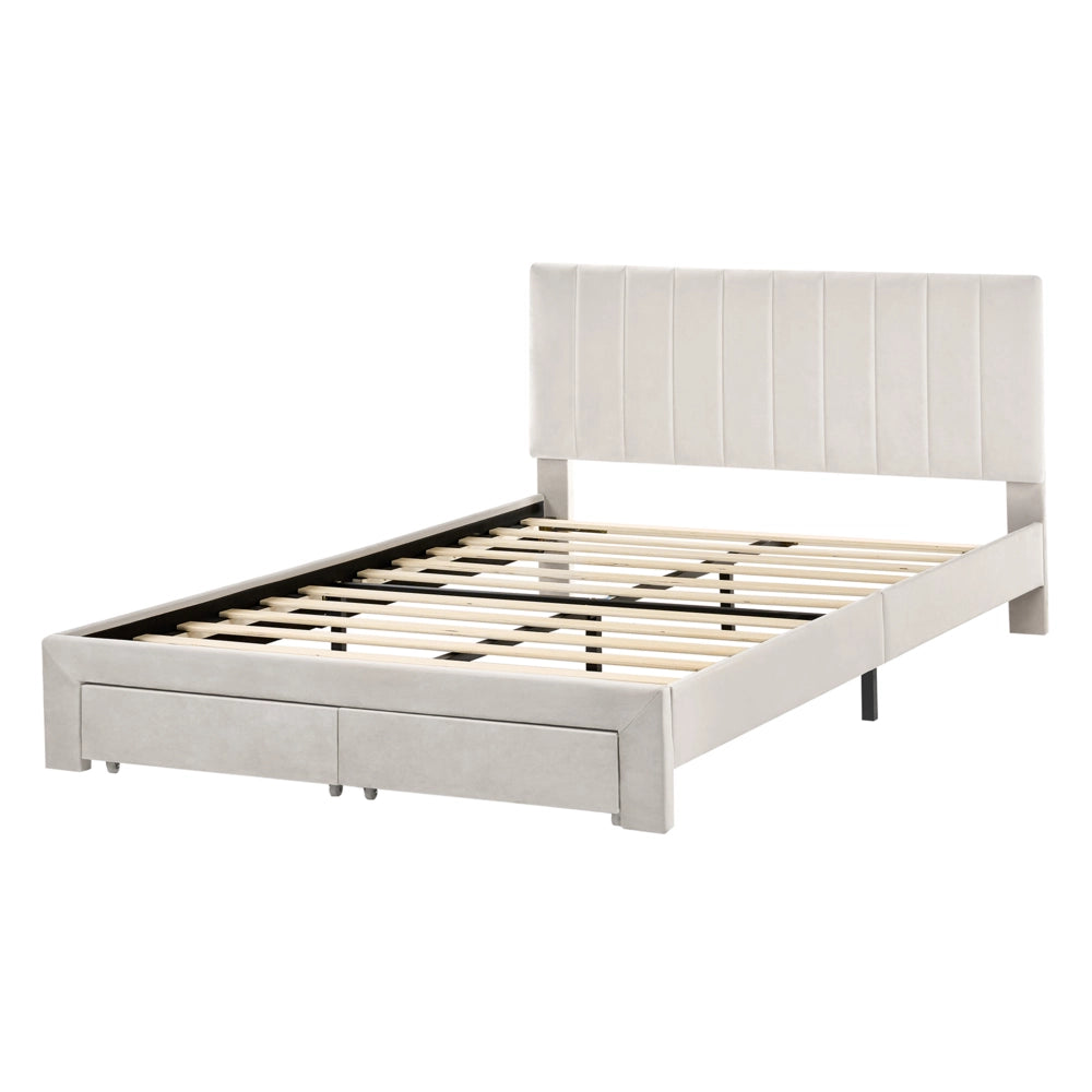 Letto matrimoniale 140 x 200 cm Bianco Sporco Rivestimento in velluto 4ft con cassetti Testiera Base a doghe Moderno