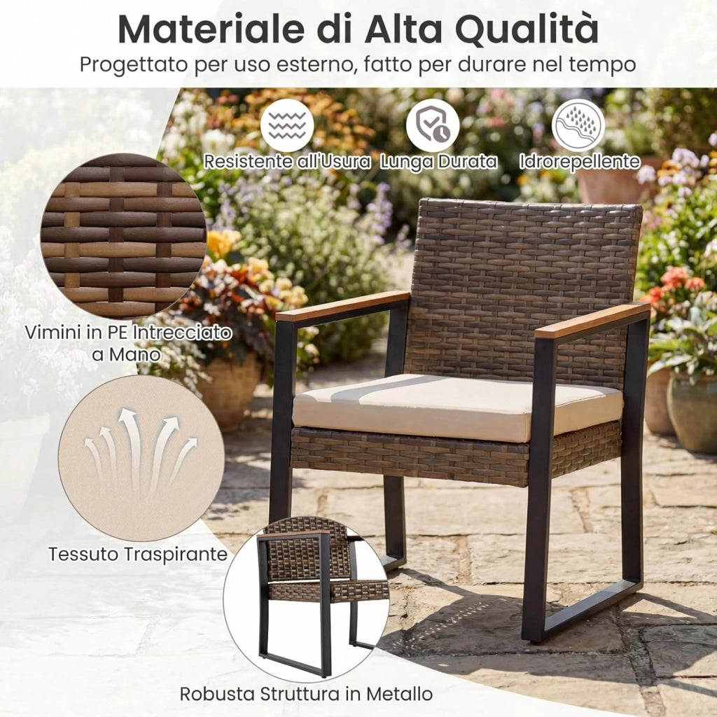 Set Salottino da Esterno in Rattan 3 pezzo, Set Mobili da Giardino Include 1 Tavolino Quadrato e 2 Poltrone Comode con Cuscino Imbottito e Telaio in Acciaio, per Balcone e Terrazzo (Beige)