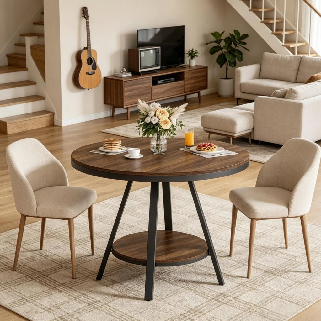 Tavolo da pranzo rotondo ULEVR ? 90 cm con ripiano inferiore, MDF e metallo, nero e marrone rustico