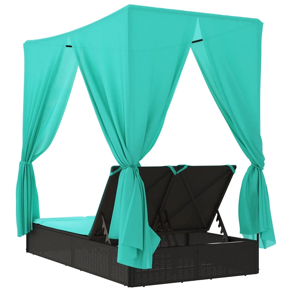 Lettino Prendisole con Tetto e Tende Nero in Polyrattan 368080
