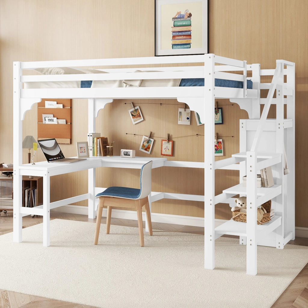 Letto a castello bianco con scrivania a L funzione contenitore in pino 140x200 cm