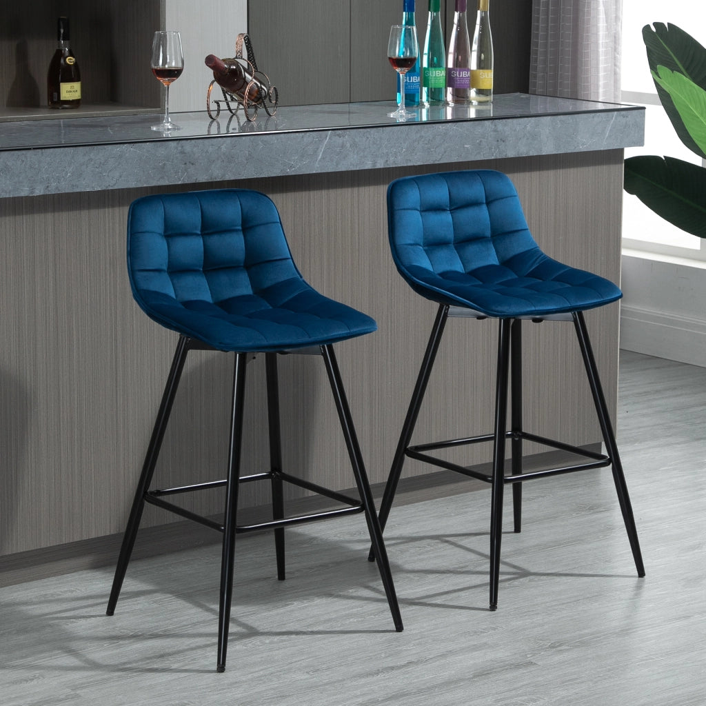 Set 2 Sgabelli Alti in Stile Nordico con Schienale e Poggiapiedi, Sgabelli Cucina con Schienale in Tessuto Effetto Velluto e Metallo, 45x47x88 cm, Blu