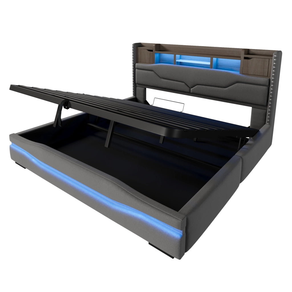 Letto imbottito ULEVR 180x200 cm con contenitore idraulico, LED, prese USB e Type-C, grigio
