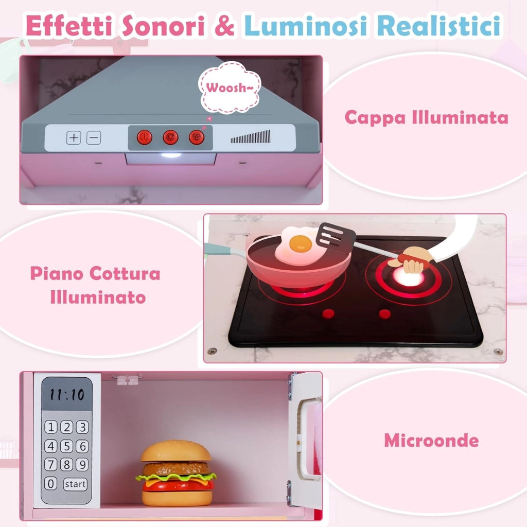 Cucina Giocattolo per Bambini, Set Cucina in Legno con Accessori, Luci e Suoni, Cappa, Fornelli, Microonde e Lavatrice, per Bambini 3+ Anni, 102 x 51 x 85 cm (Rosa)