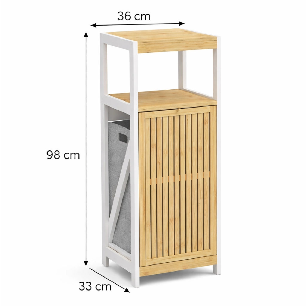 Mobiletto Bagno Portabiancheria Moderno Legno e Bambù 36x33x98 cm 1 Anta 2 Ripiani