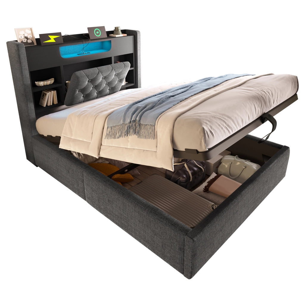 Letto imbottito ULEVR 90x200 cm con contenitore idraulico, LED, USB e Type-C, testiera con ripiani, grigio