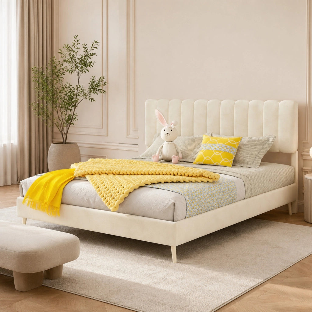 DESMIU Letto 140 × 200 cm 2 posti in velluto, testiera imbottita, senza materasso, beige