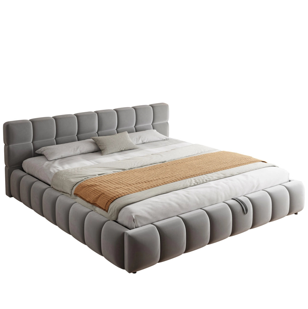 Letto matrimoniale imbottito 180x200 cm in velluto grigio con LED e contenitore idraulico