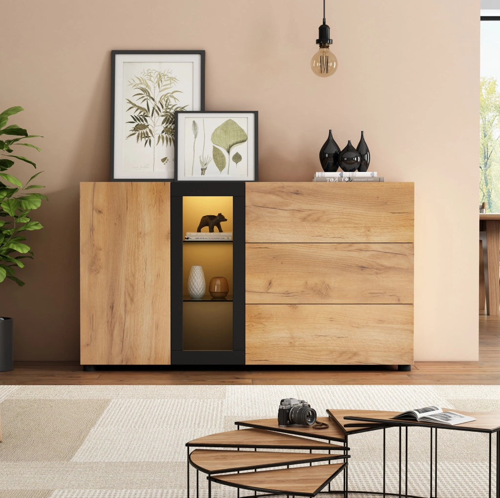 Credenza moderna con LED e controllo APP; 140 x 40 x 80 cm; marrone e nero