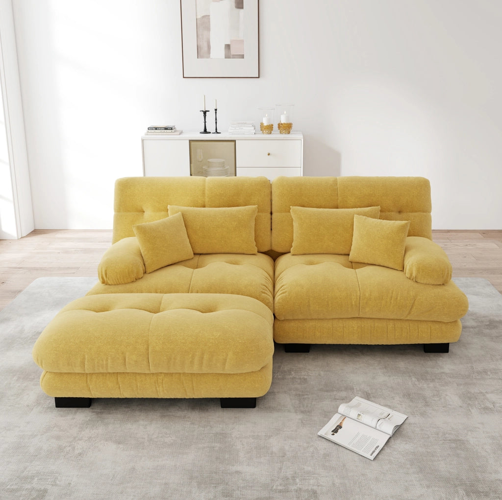 Divano modulare in chenille con ottoman; giallo