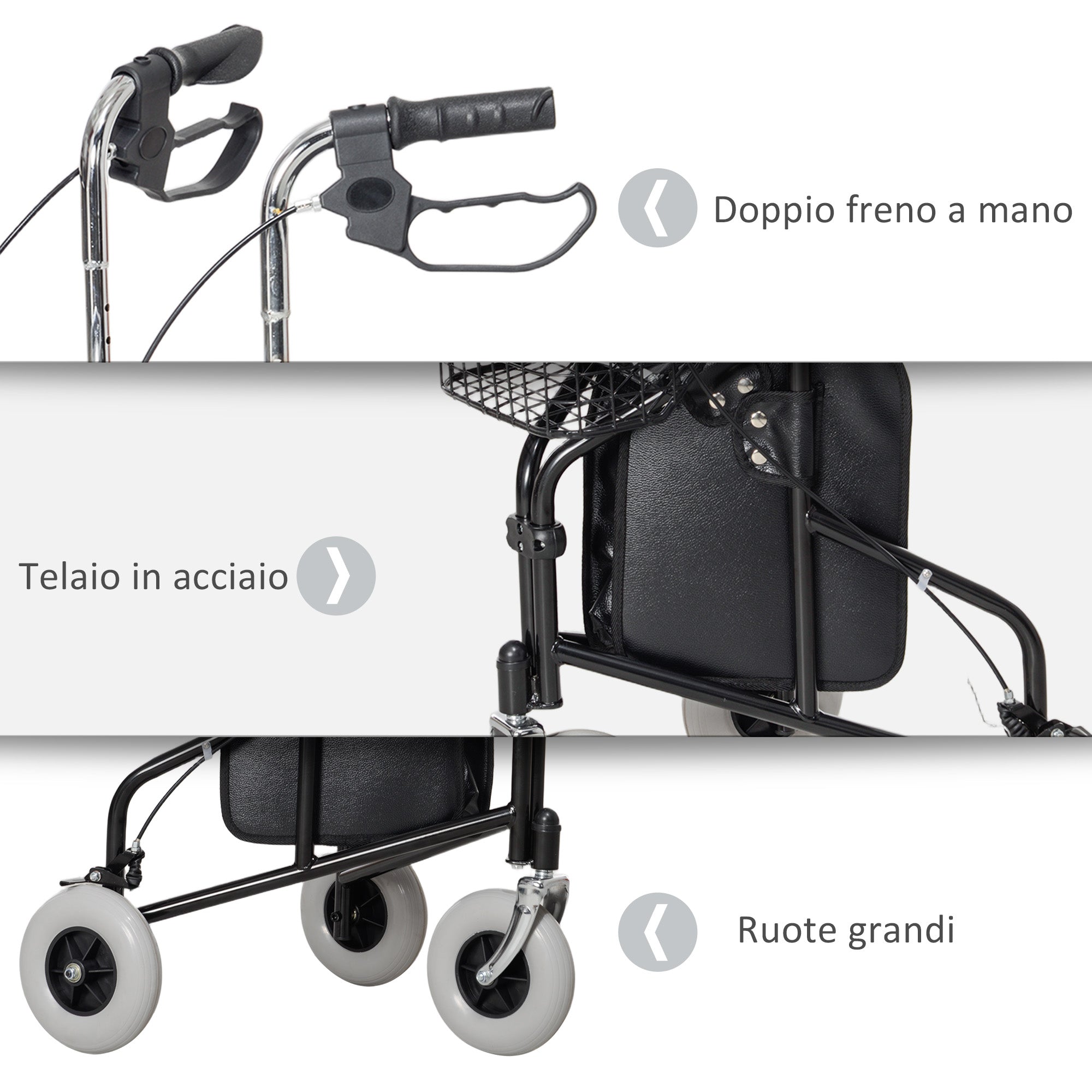 Deambulatore per Anziani e Disabili ad Altezza Regolabile 60x62x84-100,5 cm con Cestino e Vassoio Nero