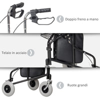 Deambulatore per Anziani e Disabili ad Altezza Regolabile 60x62x84-100,5 cm con Cestino e Vassoio Nero