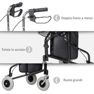 Deambulatore per Anziani e Disabili ad Altezza Regolabile 60x62x84-100,5 cm con Cestino e Vassoio Nero