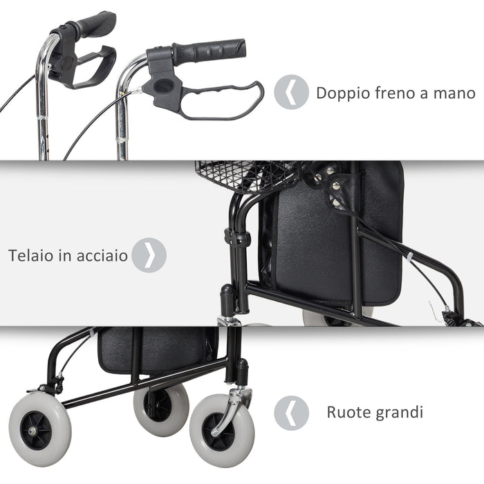 Deambulatore per Anziani e Disabili ad Altezza Regolabile 60x62x84-100,5 cm con Cestino e Vassoio Nero