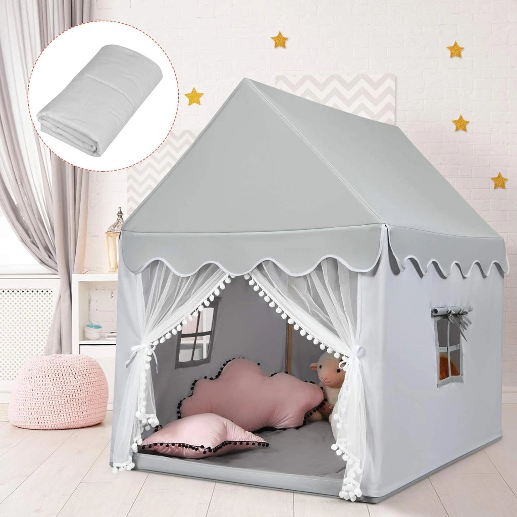 Tenda da Gioco per Bambini, Casetta per Bambini con Struttura in Solido Legno, Tappetino di Cotone, Tenda a Rete e Finestre, 105x120x140 cm (grigio)