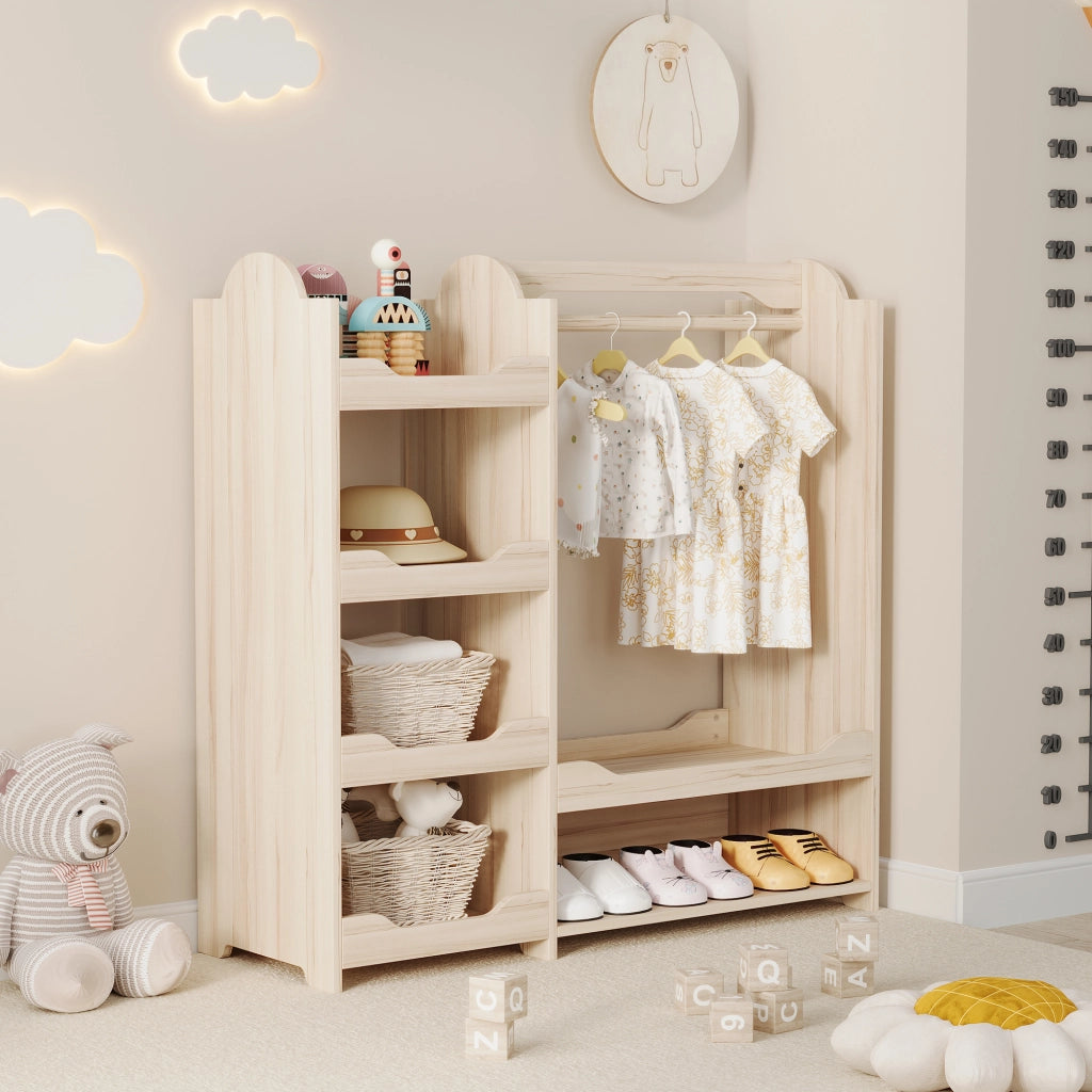 Garderoba per bambini con asta appendiabiti e 4 ripiani in MDF; naturale