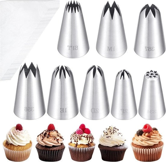 Accessori da forno in acciaio inossidabile - 8 bocchette da spruzzo e 12 sacchetti da spruzzo per decorazione di torte e cupcakes - RVS - Accessori da forno riciclabili per torte e cupcakes