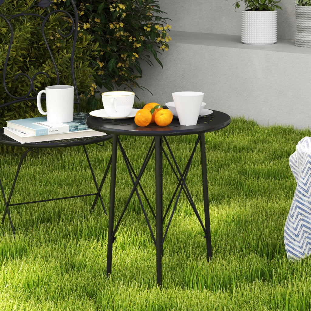 Tavolino da Giardino con Intagli a Fiori e Foglie Ø40x50 cm in Acciaio Nero