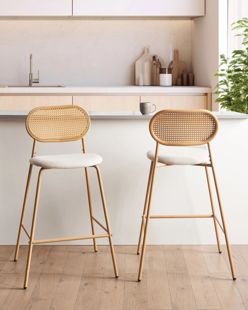 Set di 2 sedie da bar con struttura in metallo e schienale in rattan legno chiaro sgabelli da bar eleganti