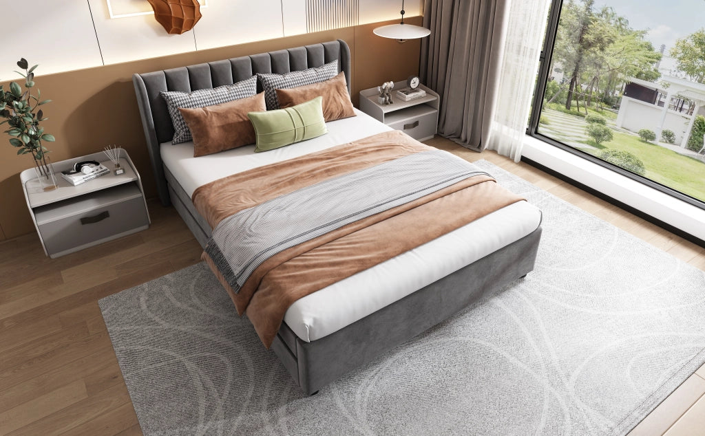 DESMIU Lit adulte 140 × 200 cm 2 posti con 2 cassetti contenitore e testiera, senza materasso, in velluto grigio
