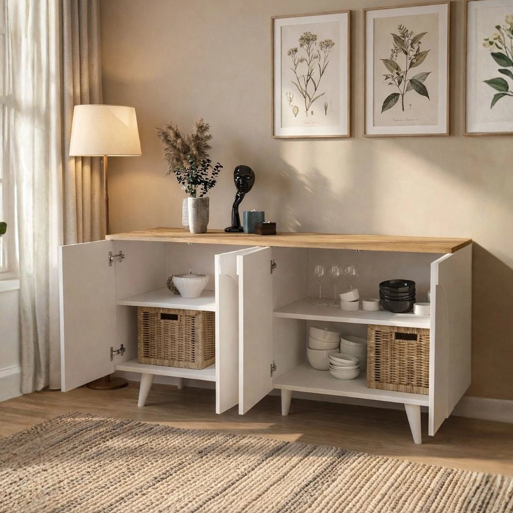 Madia Bono Bianca con 4 Ante ad Arco e Piano Rovere 150 cm