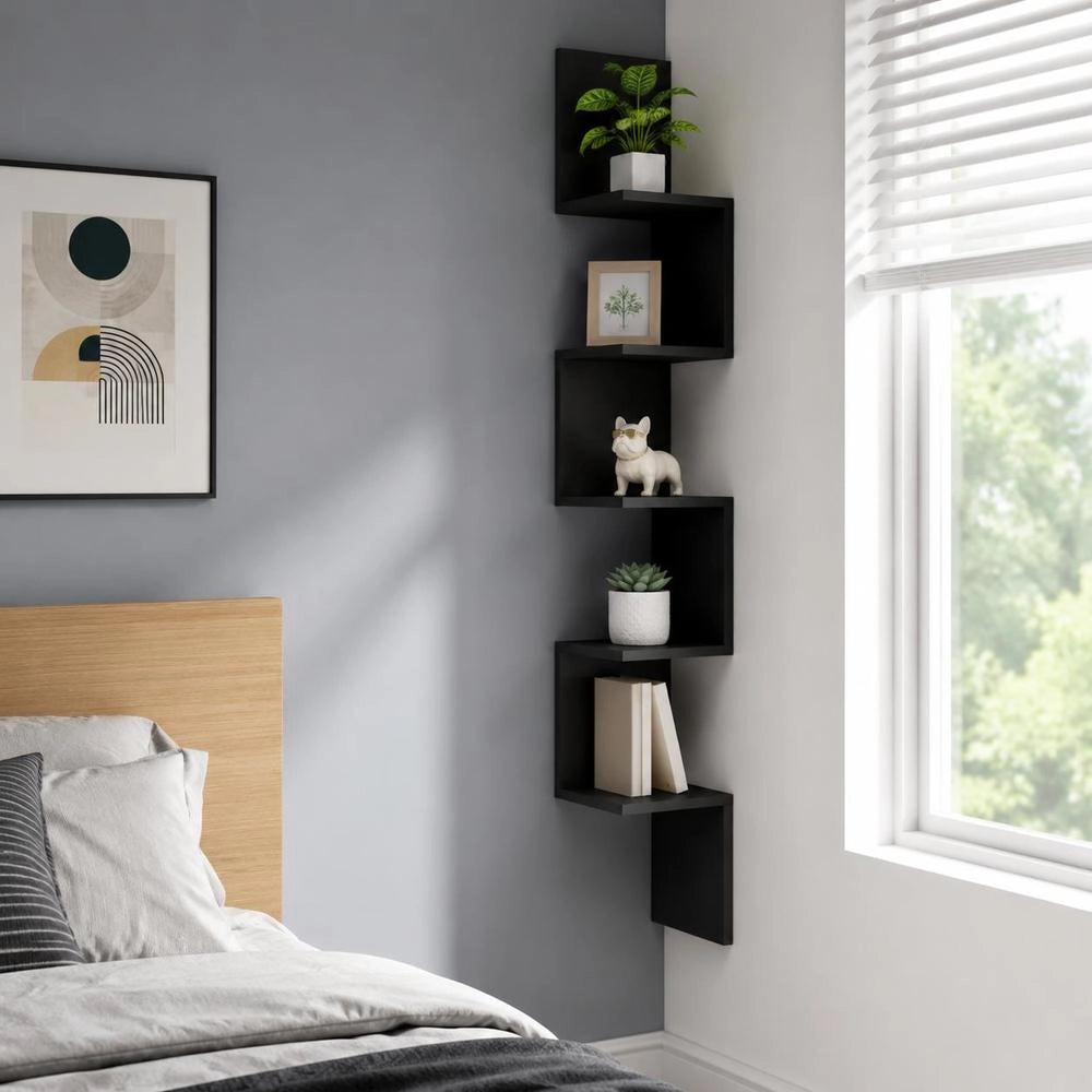 Wall Corner Shelf, Black, 20x20x127.5 Cm, Wood-based Material