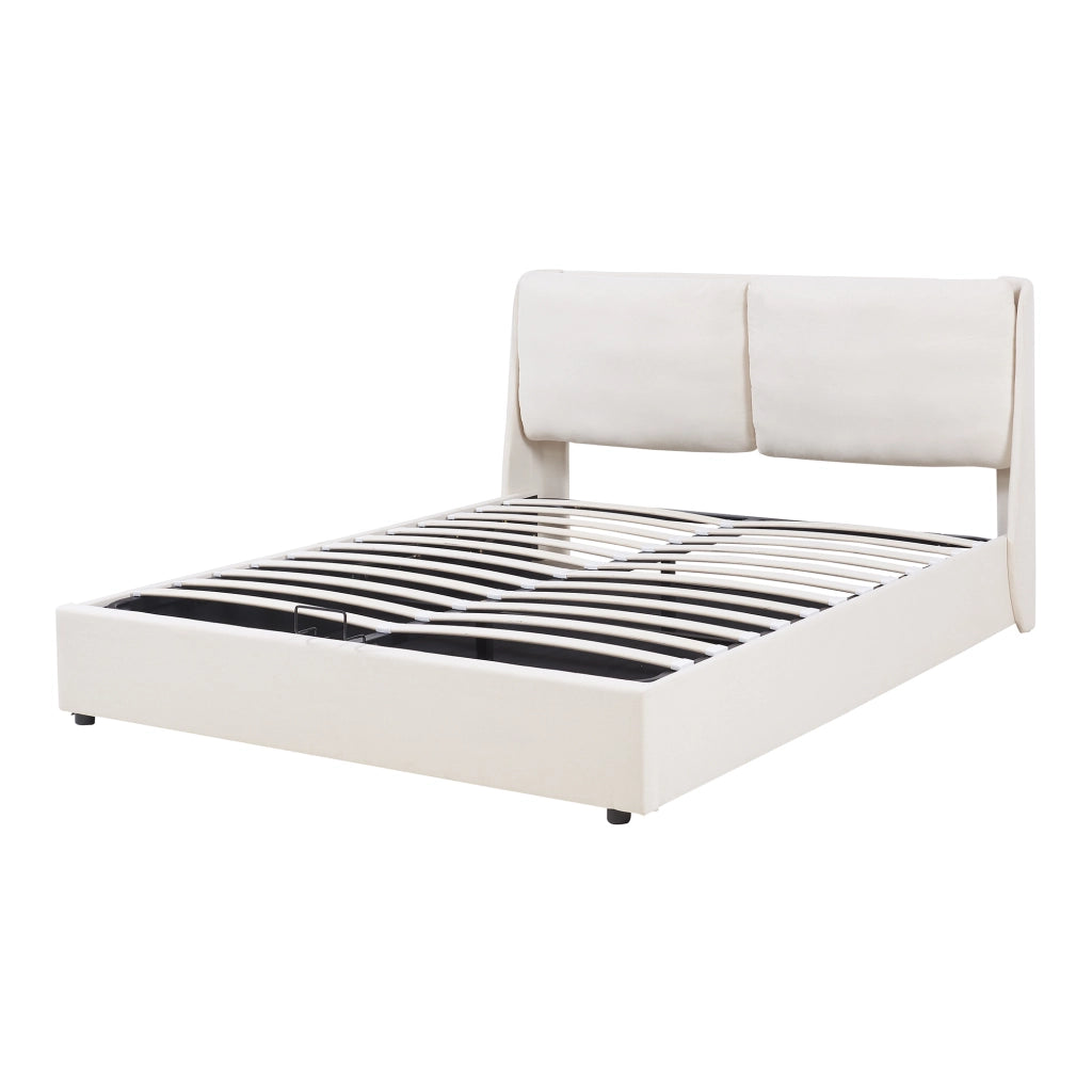 Struttura Letto Francese Lunner 140 x 200 cm con Contenitore e Testiera Imbottita - Beige [en.casa]