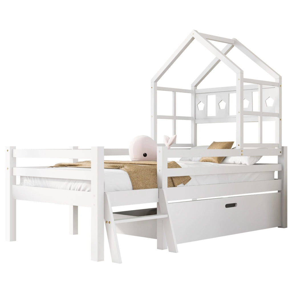Letto rialzato per bambini con scaletta e cassetto; pino massello; bianco 90x200 cm